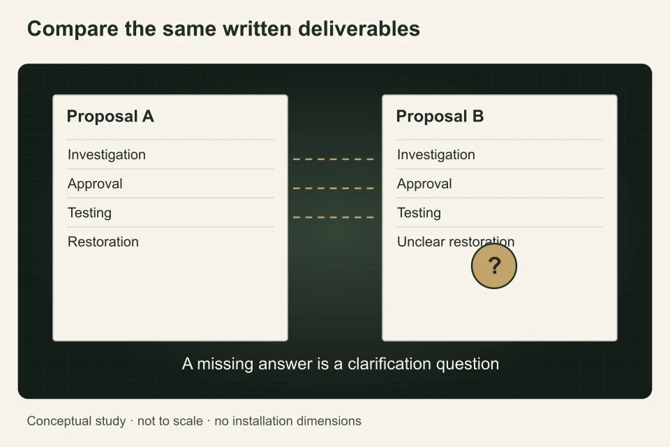Two differently complete quote columns align investigation, approvals and restoration rows, highlighting a missing scope item rather than ranking providers.