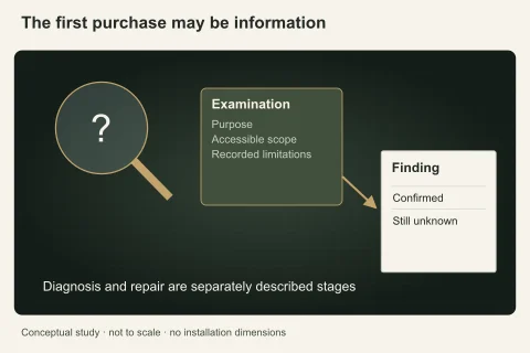 A question lens, controlled examination card and finding dossier show the diagnostic stage separately from a later repair contract.