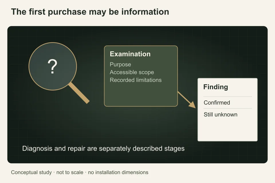A question lens, controlled examination card and finding dossier show the diagnostic stage separately from a later repair contract.