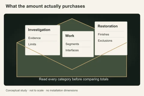 An open scope envelope contains distinct investigation, work and restoration cards, illustrating missing responsibilities without assigning invented monetary values.
