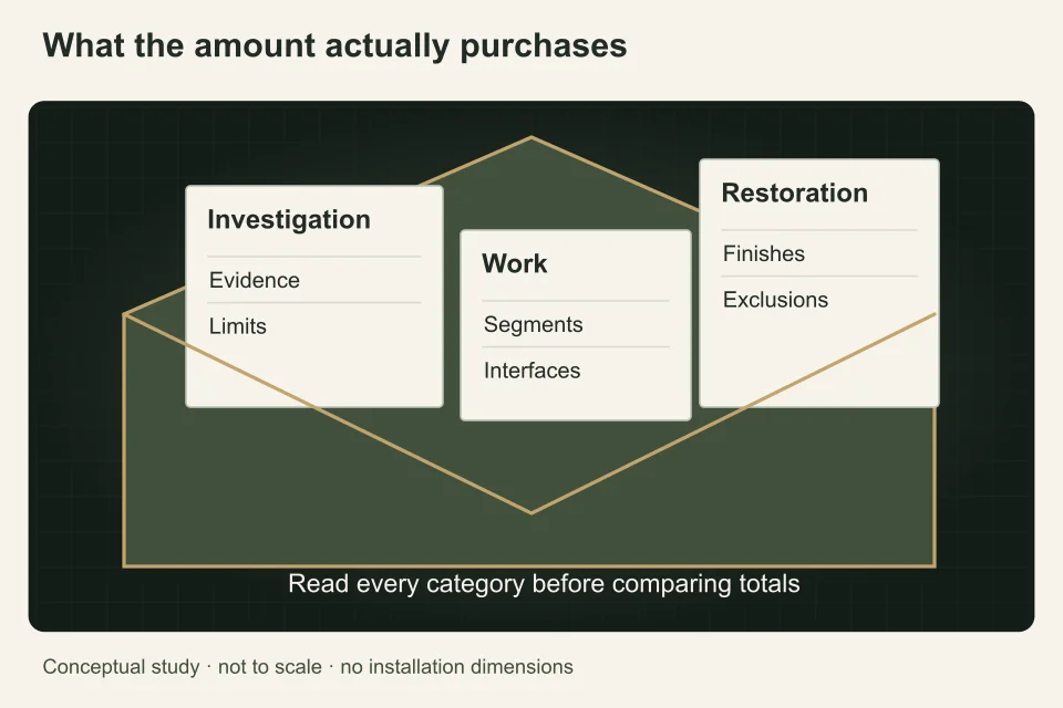 An open scope envelope contains distinct investigation, work and restoration cards, illustrating missing responsibilities without assigning invented monetary values.