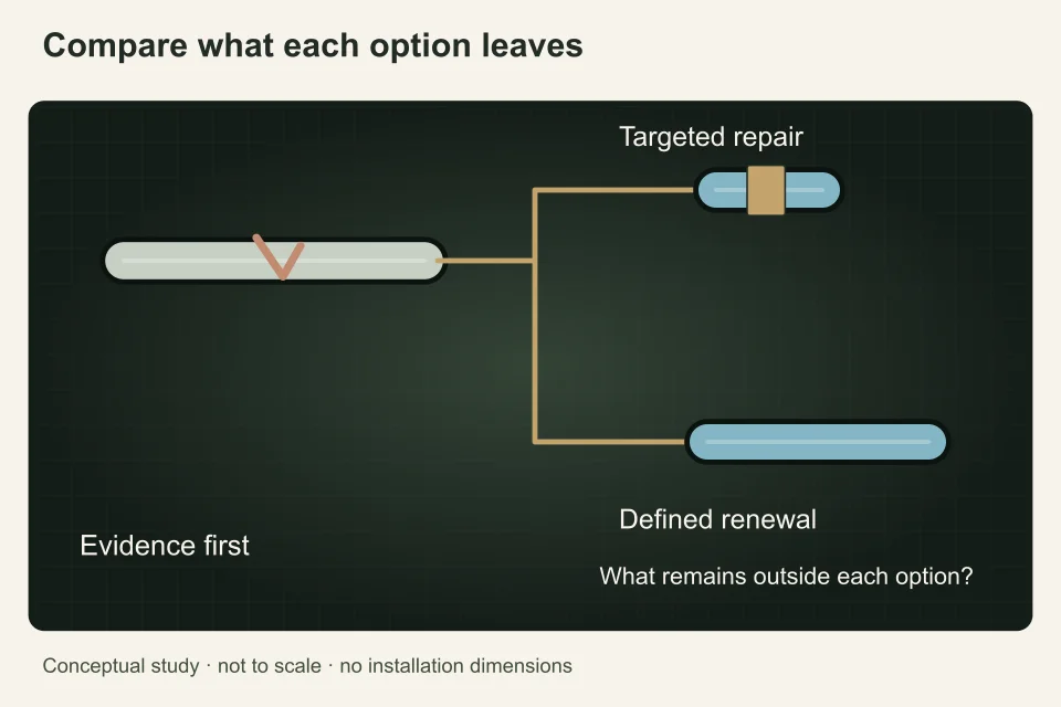 One damaged segment branches into a targeted-repair specimen and a longer renewal route, with retained components explicitly shown in the comparison.