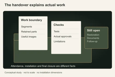 An open property folder contains route evidence, test records and approval status with a separate remaining-tasks tab, distinguishing installation from complete recovery.