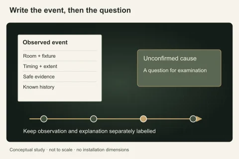 An event timeline with a safe observation panel stays separate from an unconfirmed cause note, emphasizing a concise factual brief.