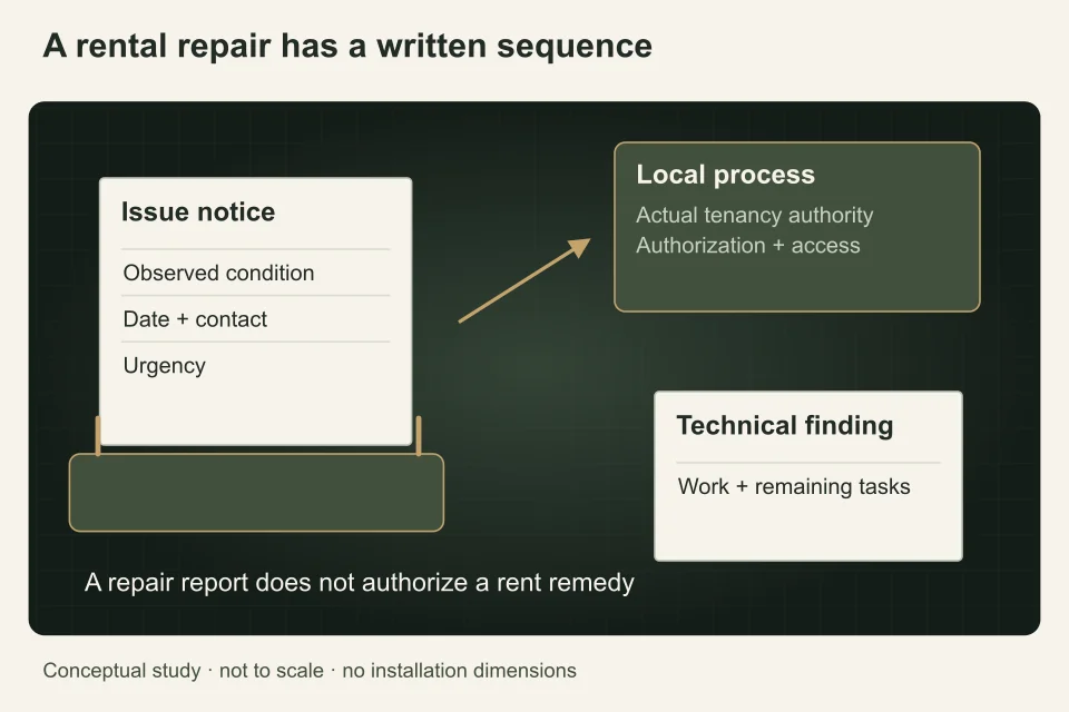 A dated issue notice enters a communication tray beside a local-process folder and technical finding card, separating reporting from authority to order work.
