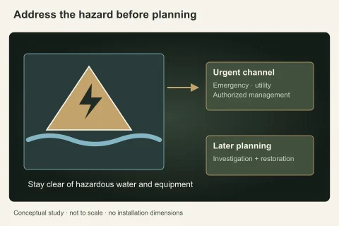 An active-water boundary and electrical caution symbol stop the ordinary planning path, directing attention to the appropriate urgent service without repair instructions.