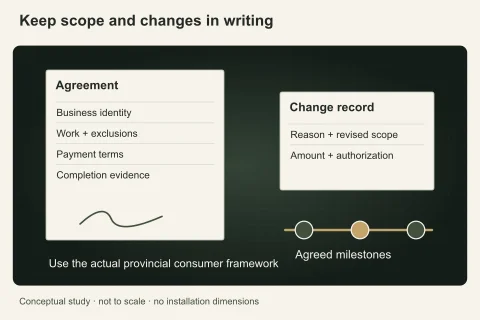 A written agreement with clearly marked scope sits beside a dated change sheet and payment milestones, illustrating records rather than legal advice.