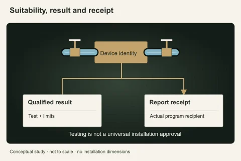 A central assembly identification card leads to separate test-result and report-receipt documents, making three distinct program requirements legible.