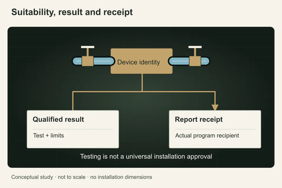 A central assembly identification card leads to separate test-result and report-receipt documents, making three distinct program requirements legible.
