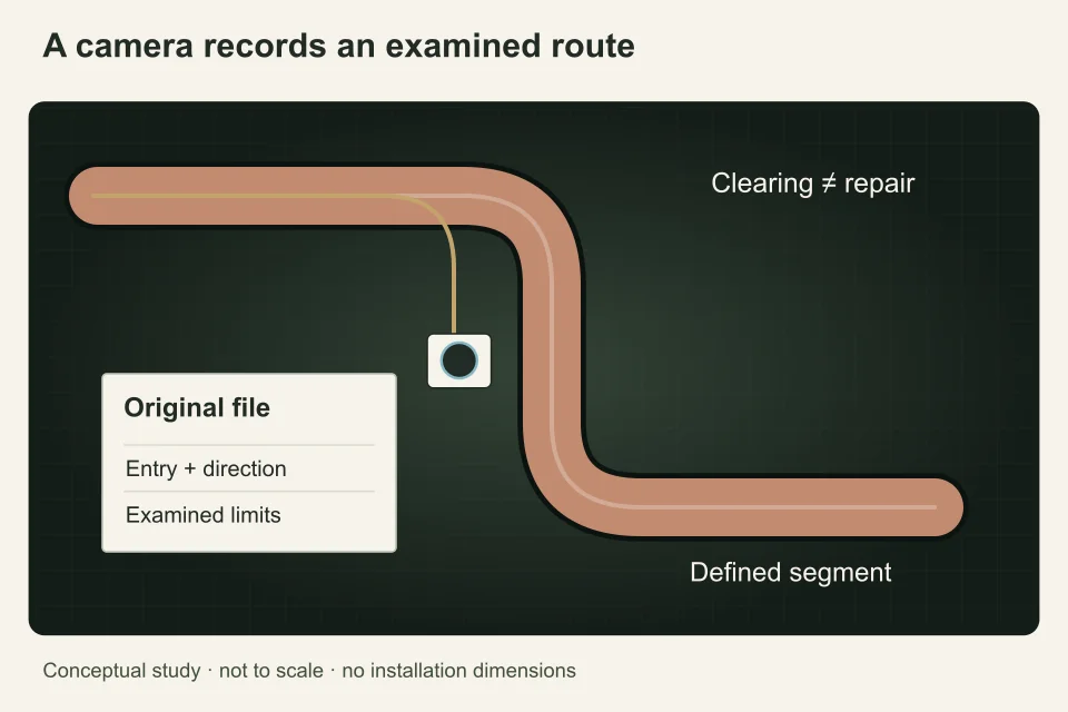 A curved drainage specimen with a camera head and adjacent recording strip emphasizes route evidence and limits of examination rather than a generic clearing scene.