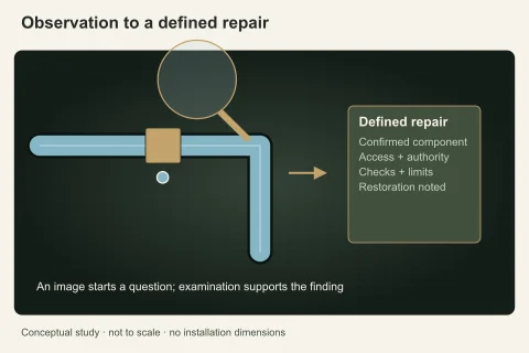 A close-up joint and examination lens lead to a clearly bounded repair card, distinguishing visible symptoms from confirmed findings.