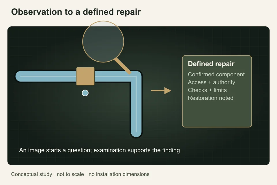 A close-up joint and examination lens lead to a clearly bounded repair card, distinguishing visible symptoms from confirmed findings.