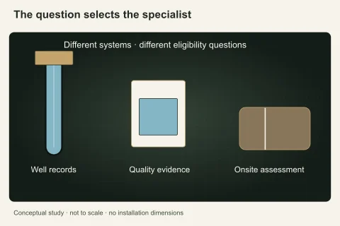 Three independent physical and document specimens distinguish well information, laboratory evidence and onsite wastewater assessment rather than implying one trade covers all.
