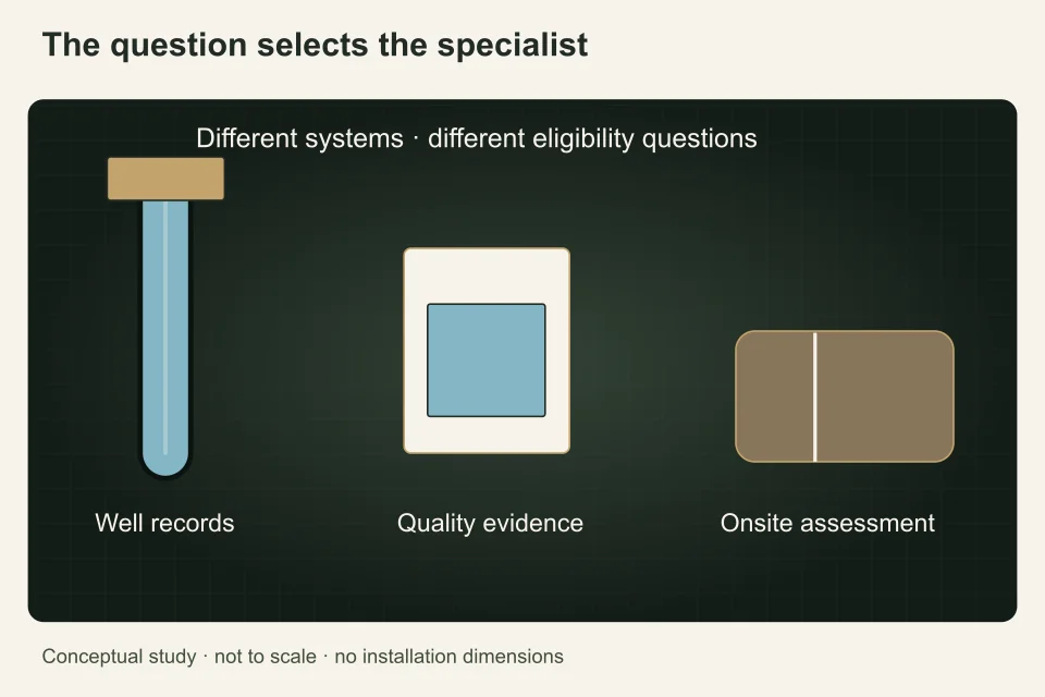 Three independent physical and document specimens distinguish well information, laboratory evidence and onsite wastewater assessment rather than implying one trade covers all.