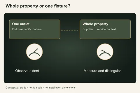 Two observation panels compare one-outlet and whole-property changes before connecting them to supplier, service and indoor assessment questions.