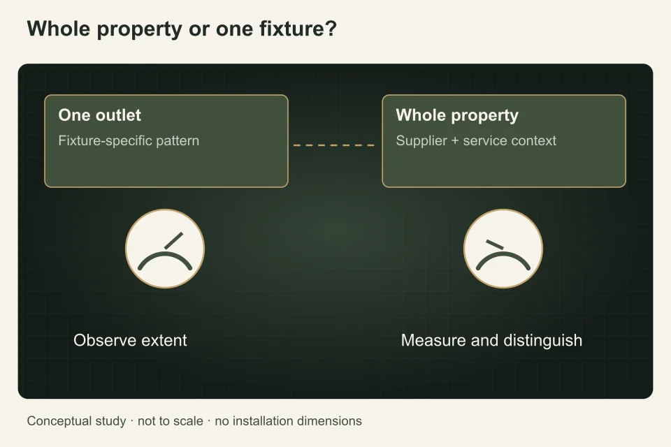 Two observation panels compare one-outlet and whole-property changes before connecting them to supplier, service and indoor assessment questions.