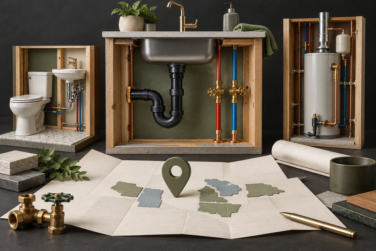 Dimensional plumbing specimens and blank planning objects representing user-chosen location and system assessment.